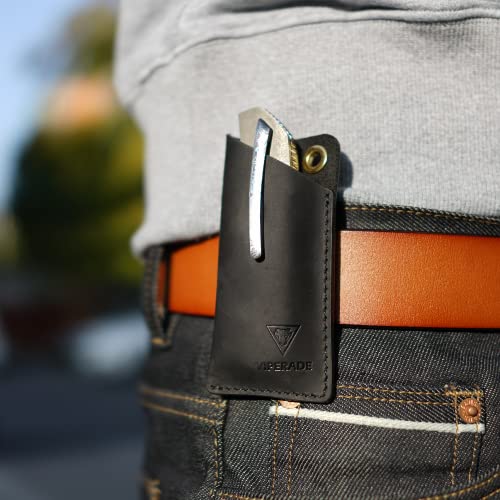 VIPERADE PJ11 Leder EDC Pocket Slip für Rebar Kick/Kratermesser Minimesser Taschenlampe Multitool EDC Lederholster Kleine Leder-Allzweckmesserscheide für Gürtel mit Clip (Schwarz)