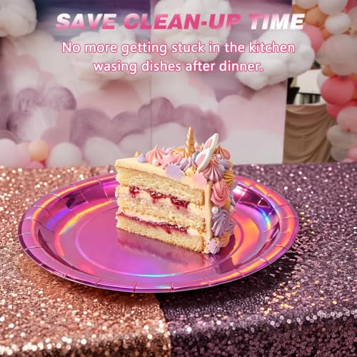 Image of Iridescent Hot Pink Paper Plates, 7 Inch Dessert Cake Plates, 50 Count Bulk | Colored and Sturdy Durable Party Plates, For Mermaid Disco Kpop Birthday, Bridal Showers, BBQ, Pool Parties, Food-Safe