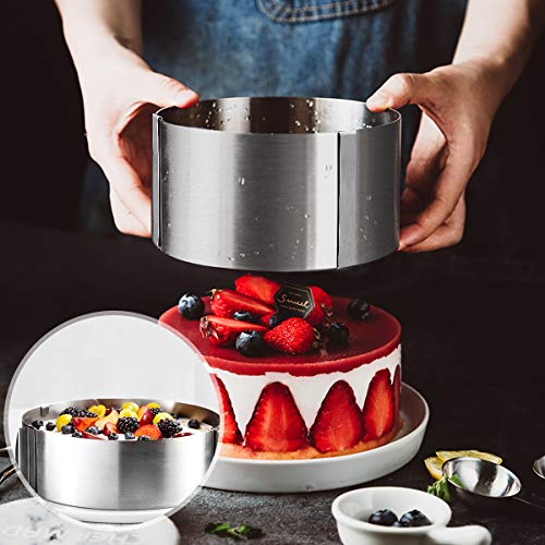 Foto von Familybox Verstellbarer Mousse-Kuchen-Kochring mit Skala 16,3 bis 30 cm, Edelstahl-Kreis-Mousse, geschichtete Kuchenform, Backen, Set mit 4 Mousseformen und 1 Messer