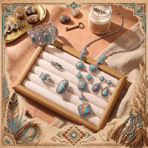 Image of Ecally Bohemian Western Jewelry Turquoise Set Women Country Pendant Long Choker Layered Bracelets Earrings Ring for Women