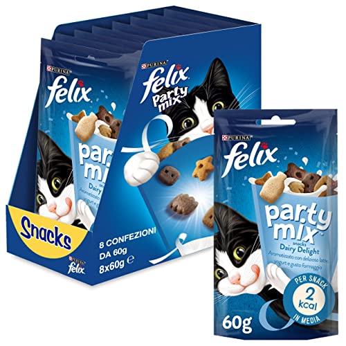 FELIX Party Mix Snack per Gatti Adulti con Latte, Yogurt e Formaggio 8 Confezioni da 60g