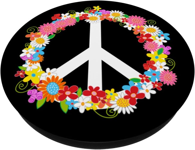 Retro Peace Sign with Colorful Flowers Hippie 60's 70's Love PopSockets Swappable PopGrip, Black - Image 3