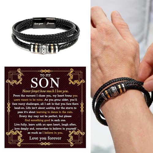 To My Son Bracelet From Father And Mother With Heartfelt Message & Elegant Box, Love You Forever Bracelet Braided Leather, Men's Gift For Son On Christmas, Graduation, Birthday4