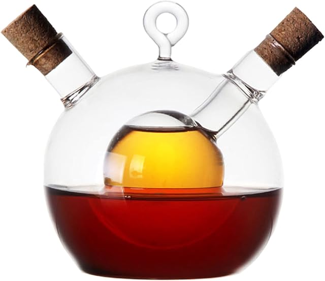 2 in 1 Oil & Vinegar Dispenser, Glass Bottle, Round Duo Olive Oil & Balsamic Vinegar Cruet Drizzler, Stylish Tabletop Cookware Dispenser Bottle