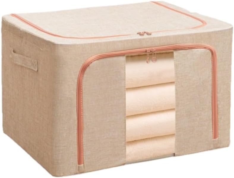 66L Large Storage Bags with Double Zippers Clear Window Clothes Storage Boxes with Steel Frame Foldable Home Blanket Organizer Bins (Khaki,2PCS)