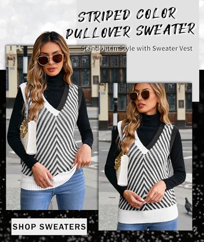 Image of MARZXIN Women Sleeveless Sweater V Neck Casual 2026 Fall Knitted Chevron V Neck Sweater Vest Color Block Pullover Sweater Top