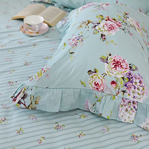 FADFAY Shabby Floral Bedding Set King Premium 100% Cotton Vintage Floral Duvet Cover Set with Striped Bedskirt wiith Ruffle 4 Piece 1 Duvet Cover & 1 Bedskirt & 2 Pillowcase