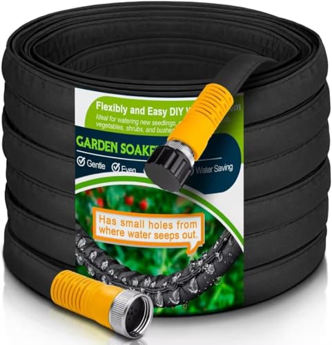 LAVEVE Heavy Duty Flat Garden Soaker Hose 100FT, Flexible Water Hose Irrigation Tubing, Leakproof Drip Hose Watering for Garden, Lawn, Flower Bed, Vegetable (50FT x 2Pack)