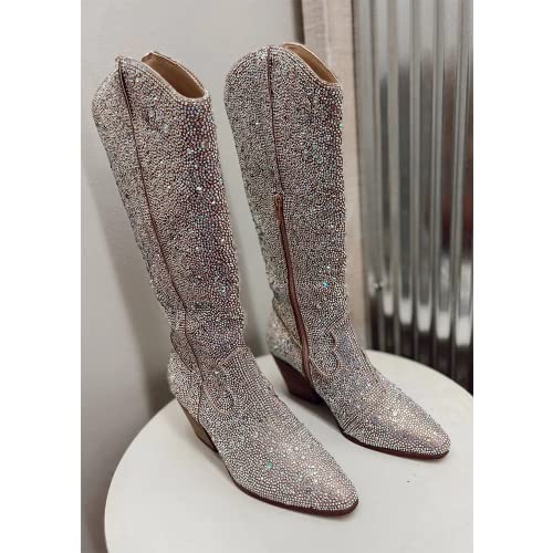 Ouepiano Women's Cowboy Boots Cowgirl Mid-Calf Boots Western Rhinestones Boots Pointed Toe Low Chunky Heel 5Cm Pull On Knee High Cowboy Boots For Women,Girl,Party #TOP5
