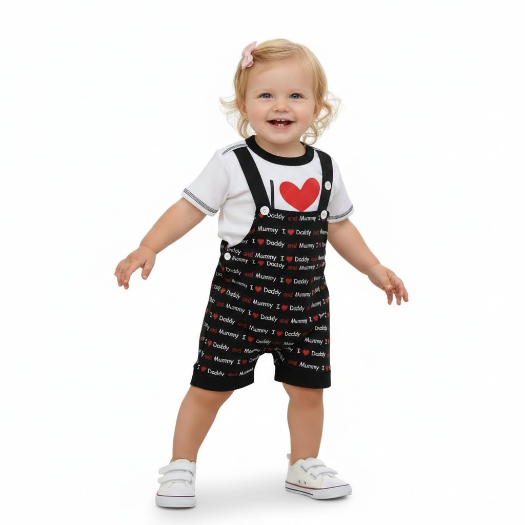 A.T.U.N. (ALL THINGS UBER NICE) Baby Girls Cotton Printed Dungaree Set | Soft Breathable Fabric | Adjustable Strap Shorts with Heart Print | Stylish Casual Outfit for Baby Unisex