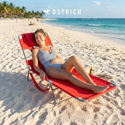 Image of Ostrich the Original Chaise 72 x 22 Inch Lounge Portable Reclining Lounger, Outdoor Patio, Beach, Lawn, Camping, or Pool Tanning Chair, Red