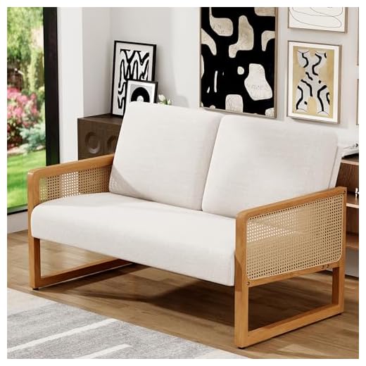 Apeaka Small Loveseat Sofa with Rattan Arms Linen Mini Couch for Living Room Bedroom Modern Upholstered Love Seat with Wood Legs Ivory