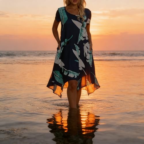 Image of Women Casual Loose Soft Crewneck Short Sleeve Pockets Swing T-Shirt Dress