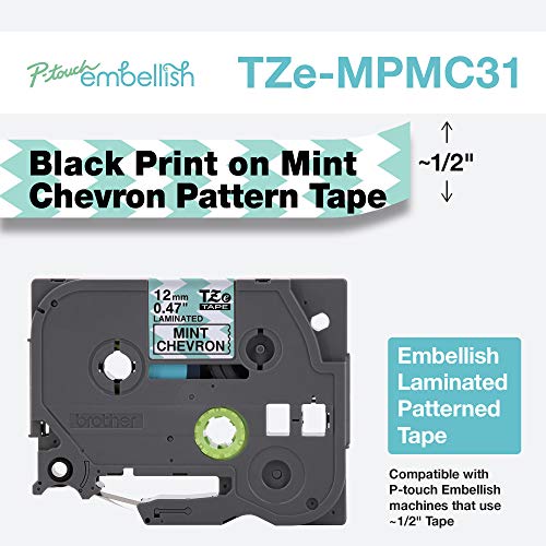 Image of Brother P-touch Embellish Black Print on Mint Chevron Pattern Tape TZEMPMC31 - ~ inch Wide x 13.1' Long for use with P-touch Embellish Ribbon & Tape Printer