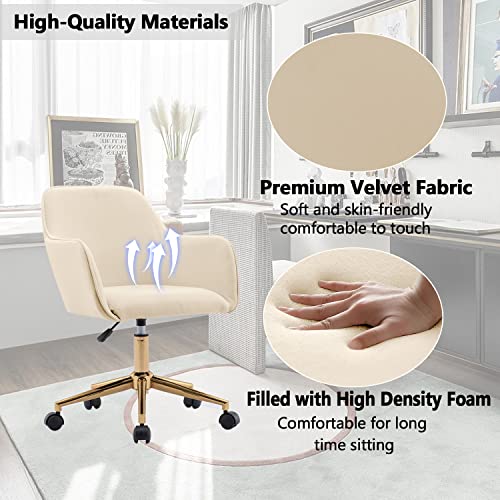 Modern Velvet Home Office Chair, Upholstered Cute Desk Chair With Gold Metal Legs, Adjustable Swivel Task Chair With Wheels, Vanity Chair For Girls Women Small Space Bedroom Study Makeup, Cream White #TOP4