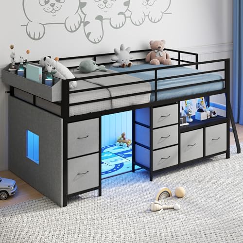 UINTAI Low Loft Bed with 7 Storage Drawers and Bookcase, Twin Low Loft Bed for Kids with 14" H Safety Guardrail, Inclined Ladder and LED Lights, Under-Bed Play Space, Steel Slat Support, Gra