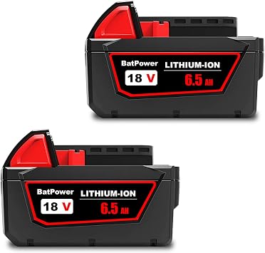 BatPower 2-Pack Replacement Battery Compatible with Milwaukee 18V System, 6.5Ah High Capacity Lithium-Ion Battery for Cordless Power Tools 48-11-1865 48-11-1850 2 Packs