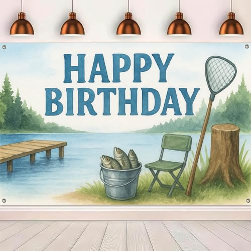 Image of HOMETITUTE Fishing Happy Birthday Banner 71x43 Inch Outdoor Theme