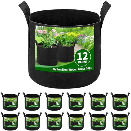 SORANGEUN 12 Pack 3 Gallon Grow Bags, Heavy Duty 300g Nonwoven Fabric Plant Pots with Reinforced Handles, Breathable Potato & Tomato Grow Bags for Vegetables, Peppers, Herbs - Black