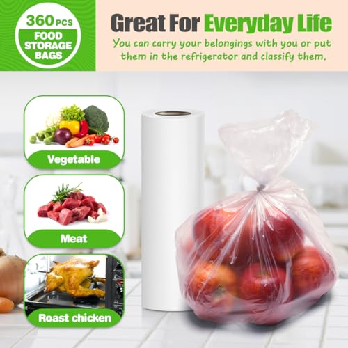 Teivio 360 Count 12\" x 16\" Plastic Produce Bags on A Roll, Clear Kitchen Disposable Plastic Food Storage Bags for Bread Fruit Vegetable and Meat