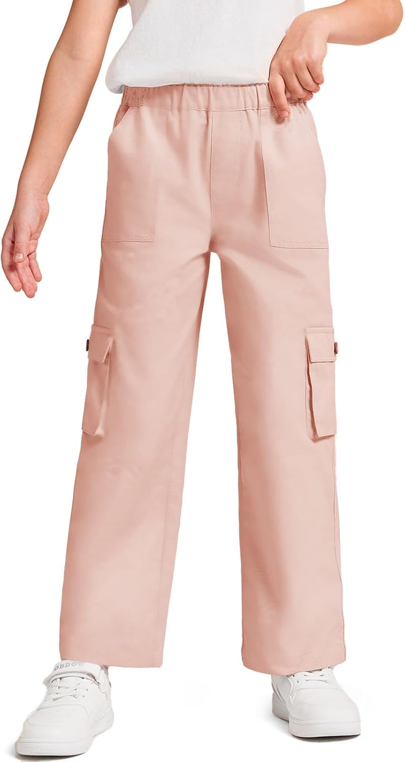 Haloumoning Girls Cargo Pants High Elastic Waist Kids Straight Leg Twill Trousers with Pockets 5-14 Years Haloumoning Girls Cargo Pants High Elastic Waist Kids Straight Leg Twill Trousers with Pockets 5-14 Years