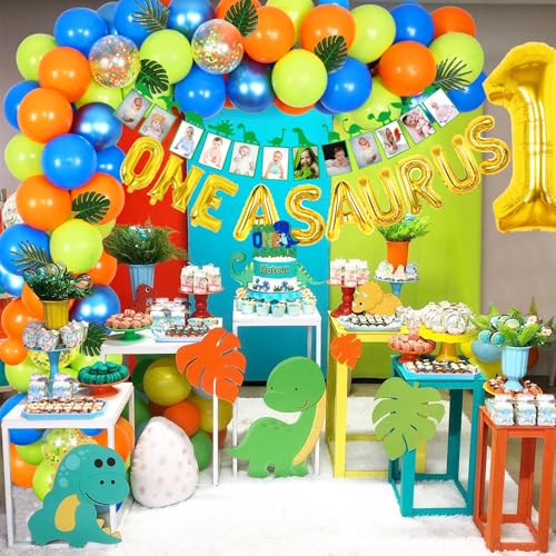 Sursurprise One a Saurus Birthday Decorations, Dinosaur Party Supplies, One a Saurus Balloon Garland Arch Kit First Birthday Highchair Photo Banner, T-Rex Roar Party Decor for Boy - Thumbnail 2