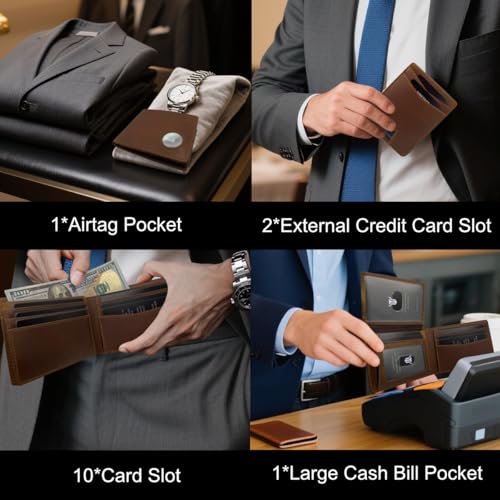 Airtag Wallet, Full Grain Genuine Leather Bifold Mens Wallet, 2-ID Window, 12-Card Slots, Minimalist RFID Blocking Wallet for Men (Distress Brown)2