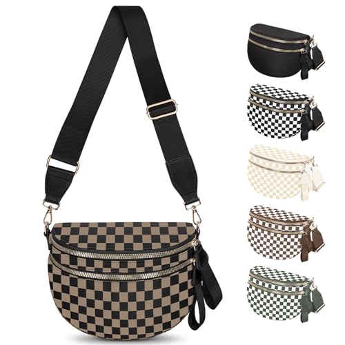 TORRYZA Spacious Nylon Checkered Crossbody Bum Bag for Women, Fashion Checkerboard Fanny Pack Purse with Large Capacity (Black-Khaki)