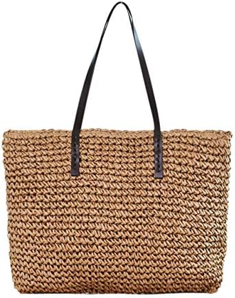 Ayliss Women Straw Woven Tote Large Beach Handmade Weaving Shoulder Bag Purse Straw Handbag (Square Khaki #2)