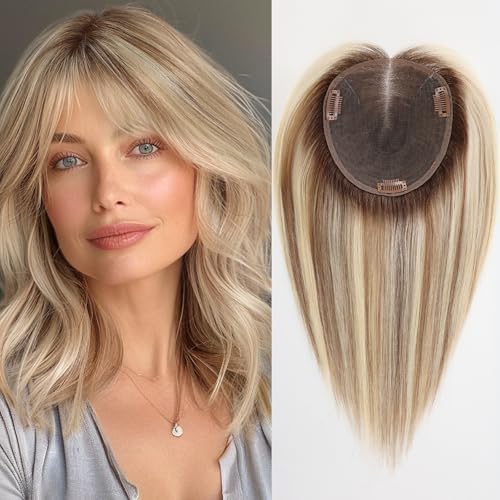 starluck 6x5 inch Large Swiss Base SilkHug 14 Inch Real Human Hair Toppers,60 Gram, 100% Real Human Hair Toppers for Women with thinning (Blonde Mixed Brown with Dark Brown Roots,T4/613/6#,with Bangs)