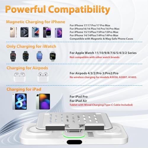 Image of 30W Charging Station for Apple Products, Foldable Wireless Charger with Clock Display&7 Color Light, Wired Charging for iPad /Tablet Charging Station for iPhone16, for Apple Watch10 for AirPods4(Cream