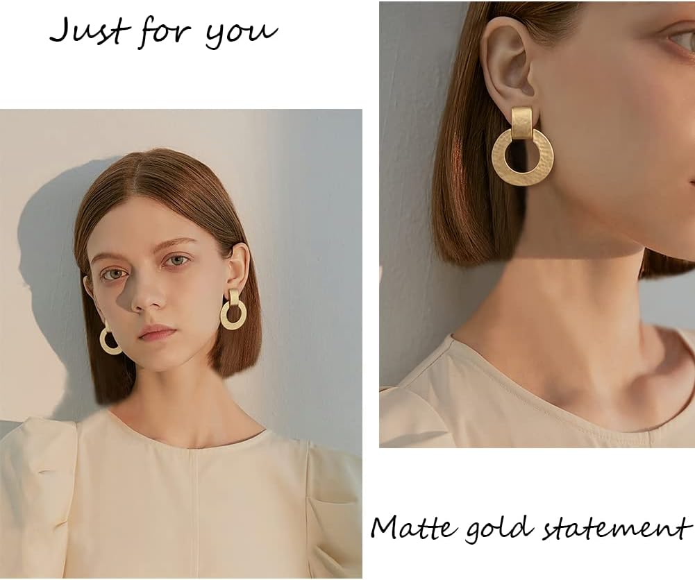 CLASSYZINT Matte Gold Dangle Earrings For Women, Hammered Round Square Heart Charms Gold Statement Retro Earrings | Gold Silver… - Image 3