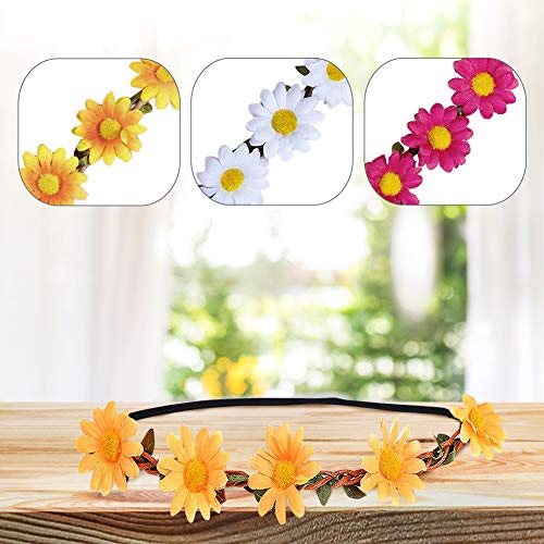 Foto von XCOZU Blumenkranz Haare, 3 Daisy Blumen Stirnband Haarband Hochzeit Haarkranz Krone, Haarband Blumen mit Justierbaren Elastischen Band Damen Mädchen für Party Strand Haarreif Blumen Kopfschmuck