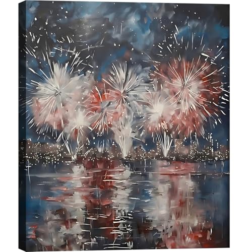 Image of Framed 4th of July Fireworks Cityscape Wall Art, Patriotic Abstract Canvas Art Pictures, USA Independence Day Wall Decor, Made in USA Ready to Hang for Living Room Bar