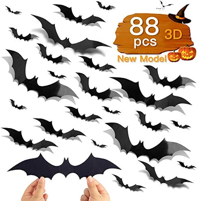 Bats Wall Decor, 88 Pcs DIY 3D Bats Halloween Decorations, 4 Different Sizes PVC Bat Stickers for Home Decor / Indoor Party Decorations, Double-Sided Adhesive Included