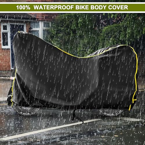 Image of Waterproof Bike Cover Compatible with Royal Enfield Meteor 350 Cover with All Weather Protection and Triple Stitch, Heavy Buckle with Storage Bage & Black with Yellow Piping