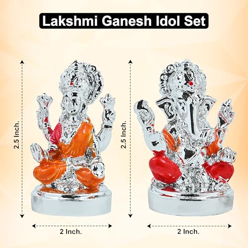 Image of HindCraft Silver Laxmi Ganesh Idol Set Lakshmi Ganesha Murti for Home Temple Pooja, Office, Car Dashboard - Decorative Silver Showpiece for Dhanteras & Housewarming Gifts