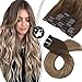 Moresoo Clip on Hair Extensions Human Hair 22 Inch Clip in Extensions Balayage Color #4 Dark Brown to #10 Gold Brown and #16 Golden Blonde Real Hair Clip on Hair Extension 100 Gram 7 Pieces