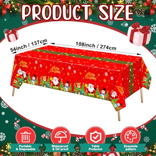 Tenceur 3 Pcs Merry Christmas Tablecloth 54x108 Inch Plastic Santa Snowman Reindeer Tablecovers Disposable Red Tablecloth for Christmas Winter Holiday New Year Birthday Party Supplies Decor – Image 4