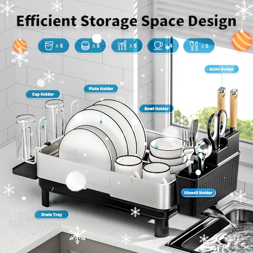 Image of Ewaiira Dish Drying Rack, 304 Stainless Steel Dish Racks for Kitchen Counter, Dish Drainers with Automatic Drainage, Utensil Holder & Cups Holder, Space Saving Kitchen Organizer, Black