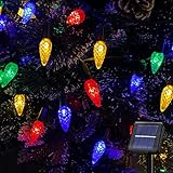 C6 Solar Christmas Lights Outdoor Multicolored, 50LED 8 Modes Strawberry Christmas String Lights Waterproof Outdoor Christmas Solar Lights for Xmas Tree Christmas Wreath Garland Garden Patio