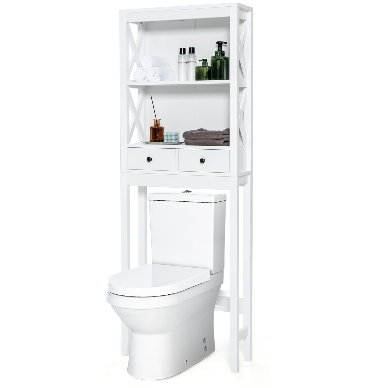 GIANTEX Étagère WC en Bois, Meuble de Rangement au Dessus des Toilettes ou Machine à Laver, Dispositif Anti-basculement, 2 Tiroirs et 2 Étagères, 60 x 20 x 165,5 cm, Blanc