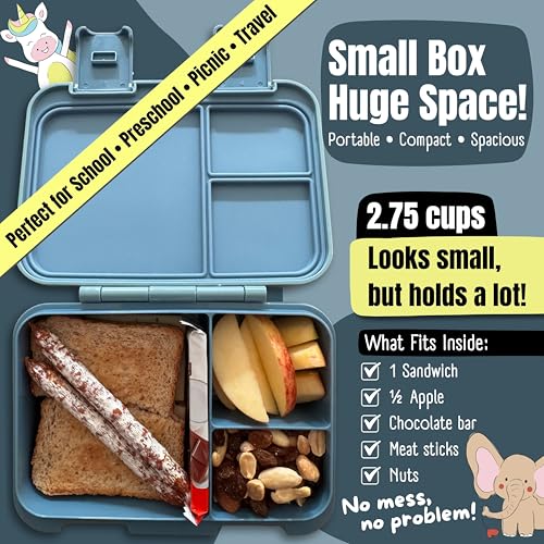 Image of BEARFOOT Kids Lunch Box with Compartments - Compact & Lightweight | Leak-Proof, BPA-Free, Dishwasher Safe | Hand-Drawn Design for Preschool, School, Travel (Astro Bear Blue, 2.75 Cups)