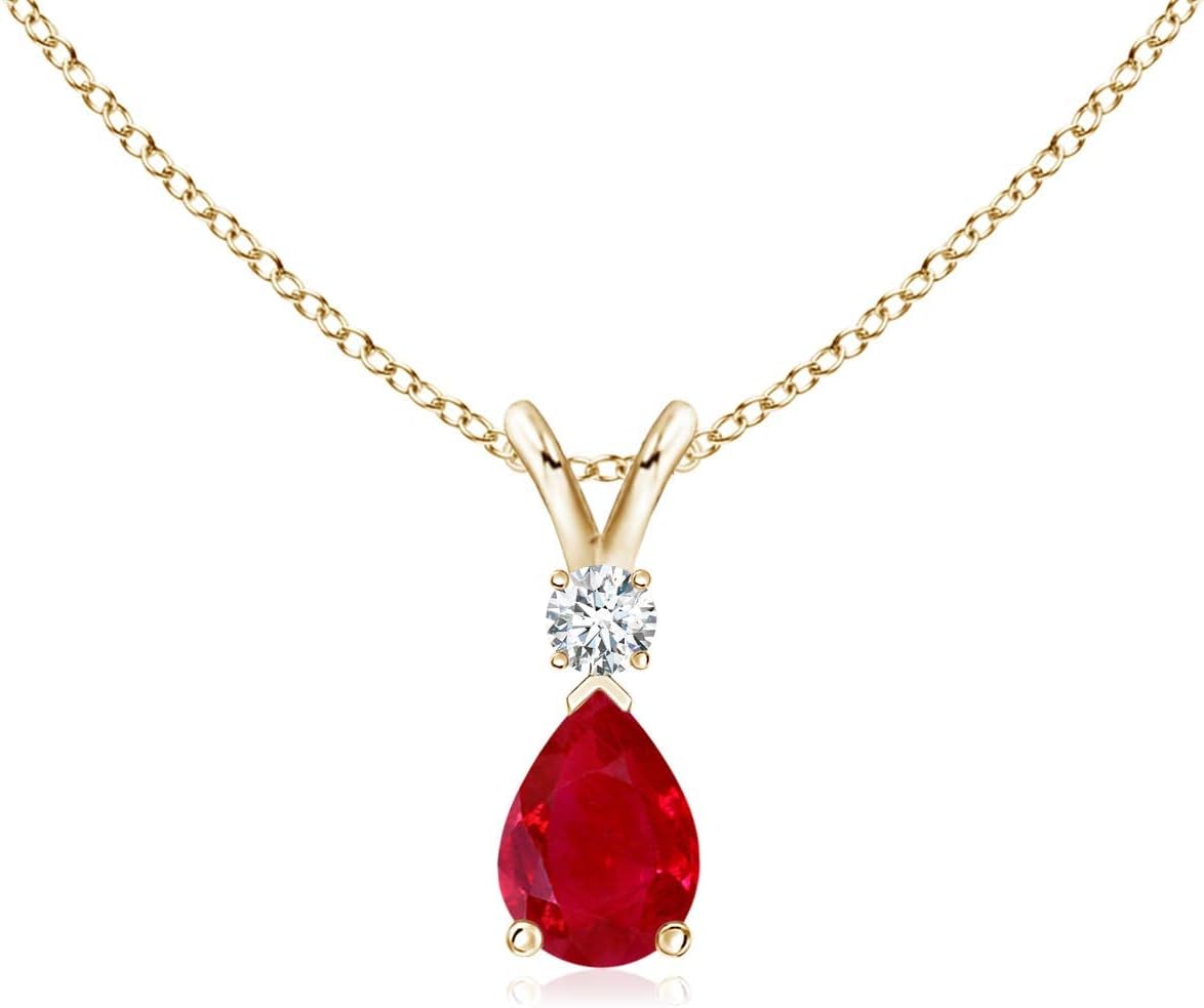 Angara Natural Ruby Teardrop Pendant with Diamond in Silver / 14K Solid Gold/Platinum