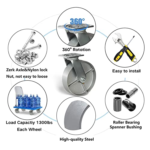 Handsammu 8\'\'X 2\'\' Heavy Duty Casters, Casters Set of 4 Total Capacity 5200 lbs-Semi Steel Cast Iron Casters, Widely Used in Furniture, Work Brench, Tool Box (2Rigid&2Swivel), Silver - Thumbnail 4
