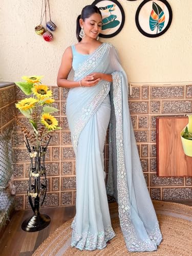 Image of AKHILAM Women's Multicolor Georgette Embellished Saree with Unstitched Blouse Piece(KESARI9501 KR Parent)