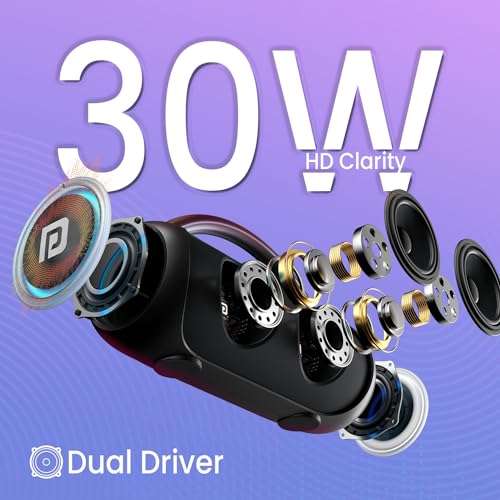 Image of Portronics Radiant 30W Wireless Bluetooth Portable Speaker With In-Built Mic,6 Hours Playtime,HD Clarity Sound,Dual Driver,RGB LEDs,TWS Connectivity,BT5.3v,USB Drive,Aux in,Type C Fast Charging(Black)