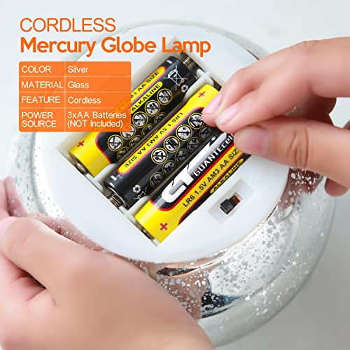 Lighted Mercury Glass Ball Table Lamp, Silver Cordless Glass Orb Christmas Decor Ball Led Light Globe, Modern Light Up Battery Operated Sphere Glass Night Light For Home Bedroom Indoor Decor, Small #TOP3