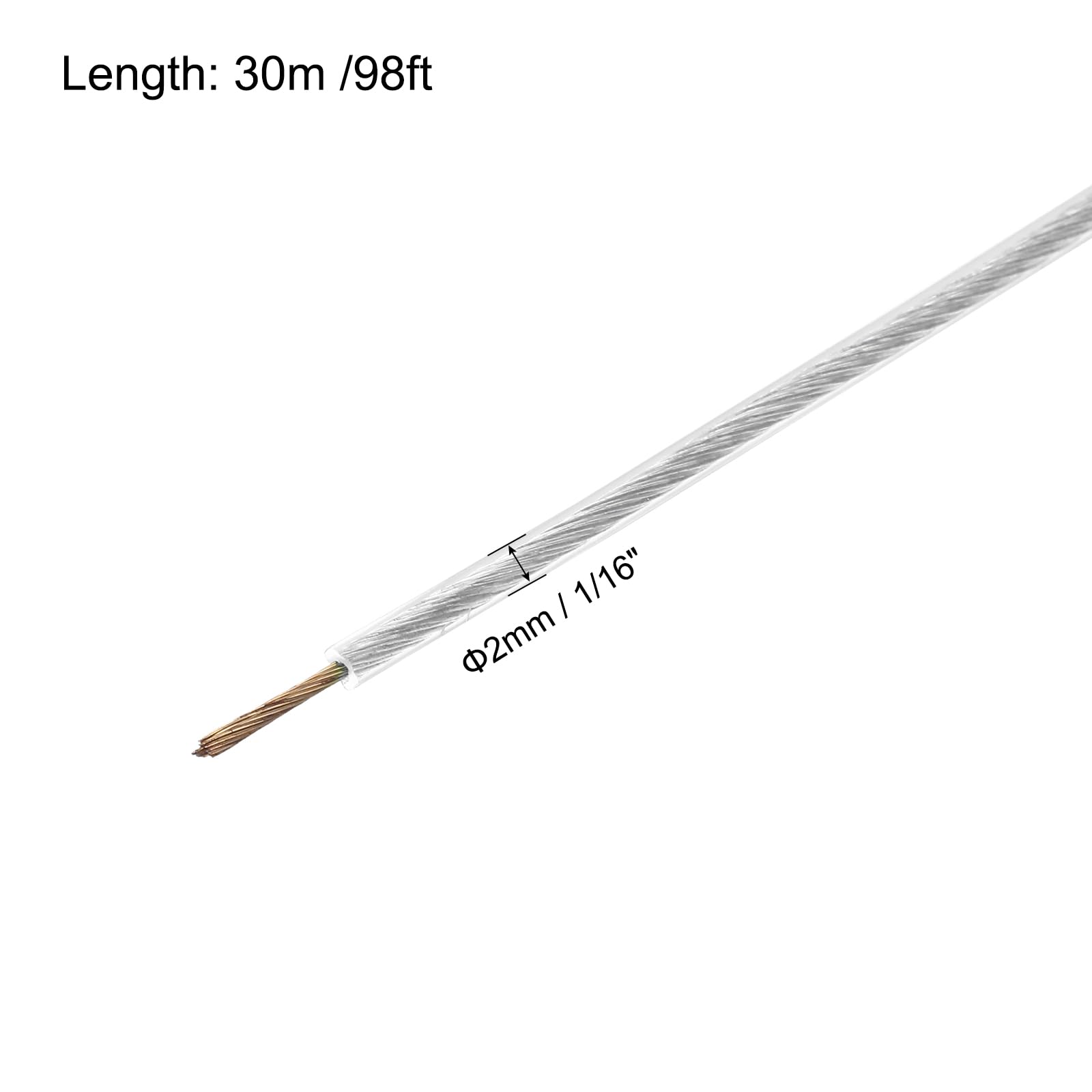 MECCANIXITY 2mm (1/16 inch) Clear Vinyl Coated Wire Rope, 30m /98ft Galvanized Steel Cable Wire Rope with 6PCS M3 Loop Sleeves for String Light Hanging, Deck Railing, Garden Wire