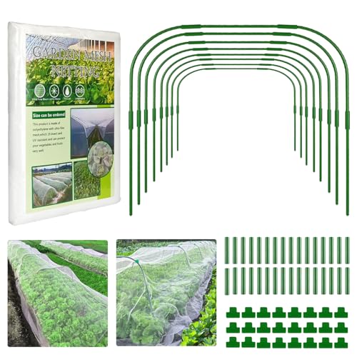 SZMDLX DIY Garden Mesh Netting Kit,8Pcs Large Garden Hoops & 24 Clips 8×26FT Garden Fine Mesh Netting,Raised Bed Greenhouse Hoops Kits & Animal Barrier Net for Veg Flower Protection from Insect Bird